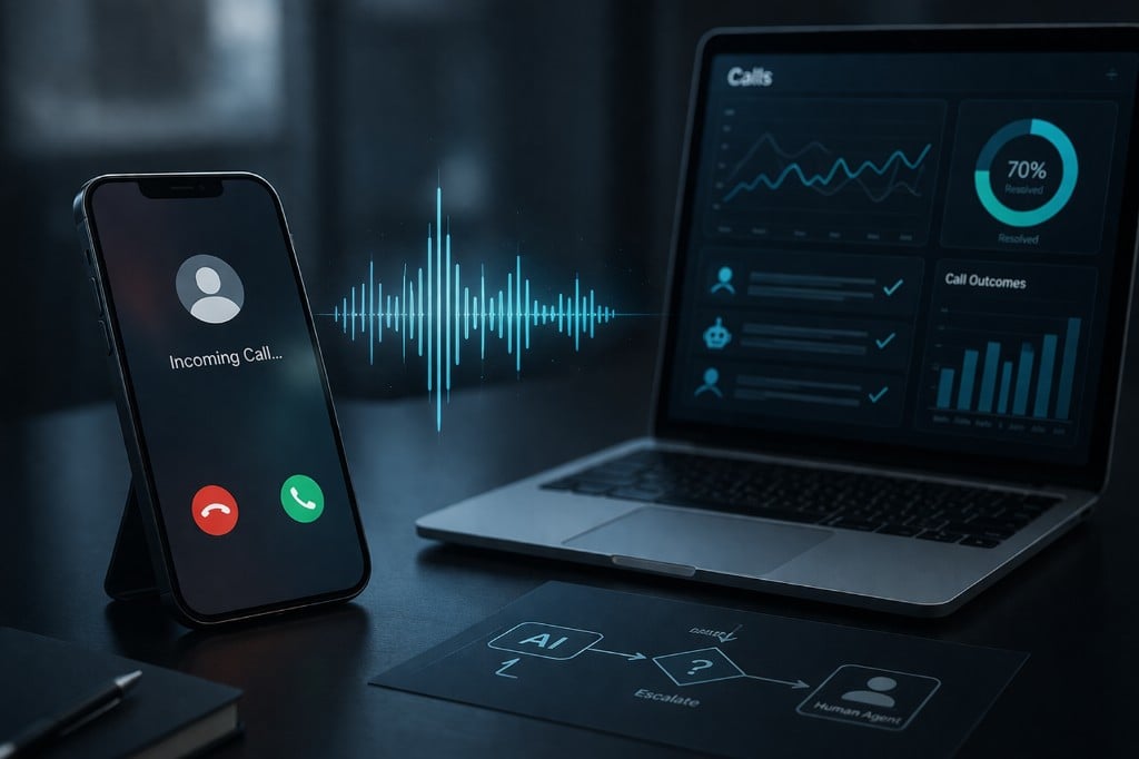 Smartphone with incoming call, laptop call dashboard, and AI-to-human escalation flow