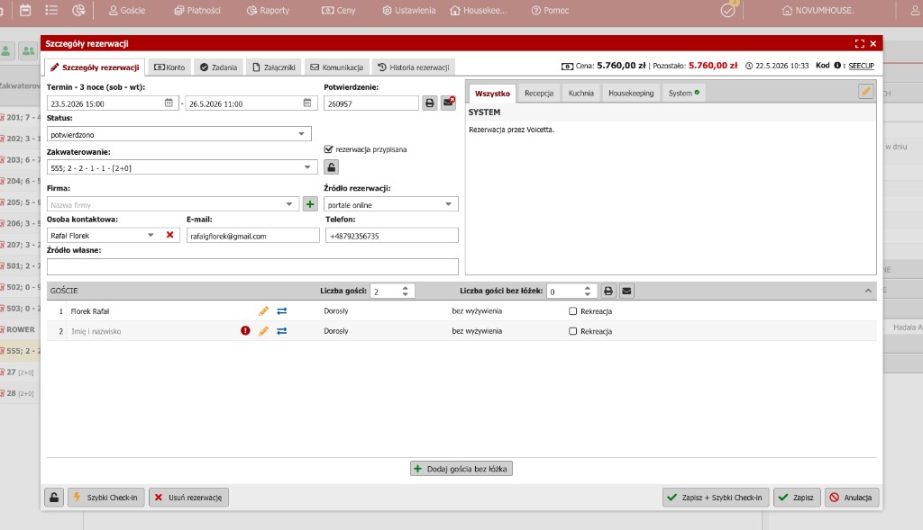 Hotel PMS reservation screen showing a booking created instantly by Voicetta with guest details, dates, and room assignment