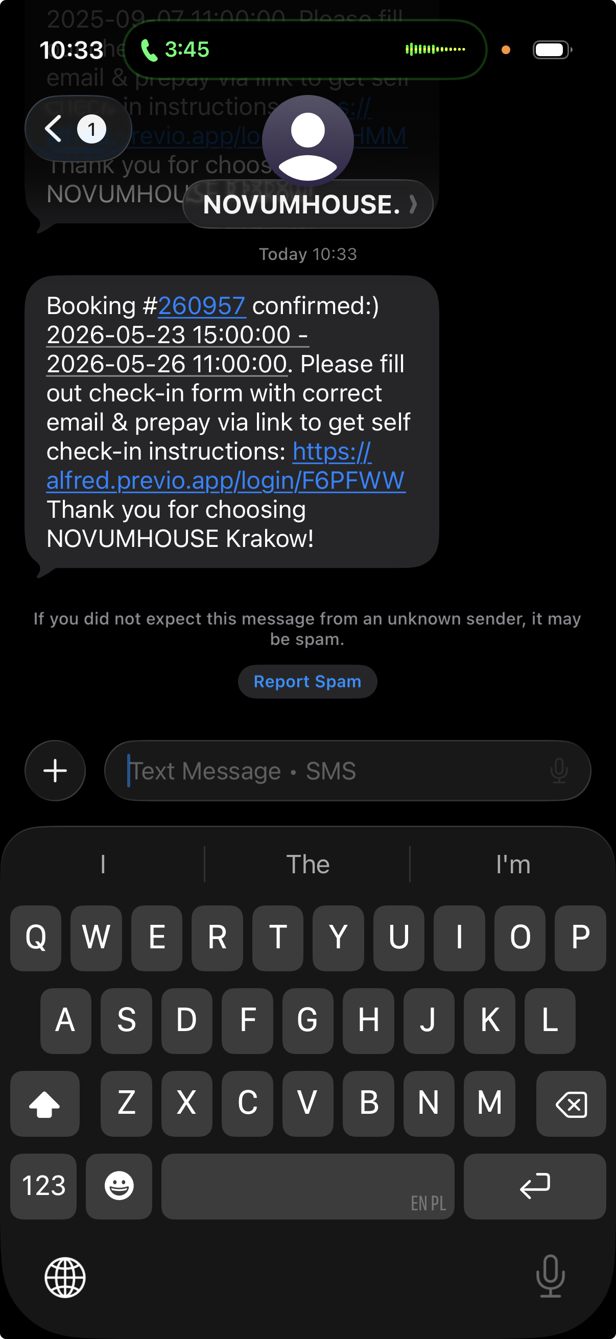 SMS confirmation from NOVUMHOUSE with booking details and a guest panel check-in link