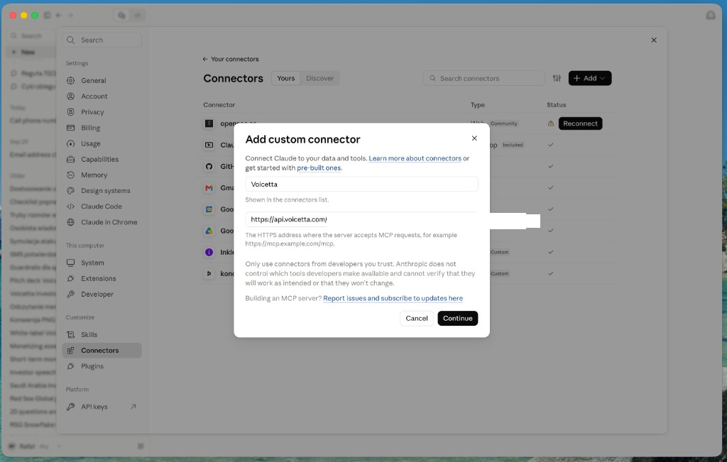 Add custom connector. Name it Voicetta and paste the connection URL.