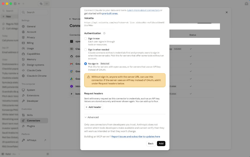 No sign-in is selected. Do not add a request header.