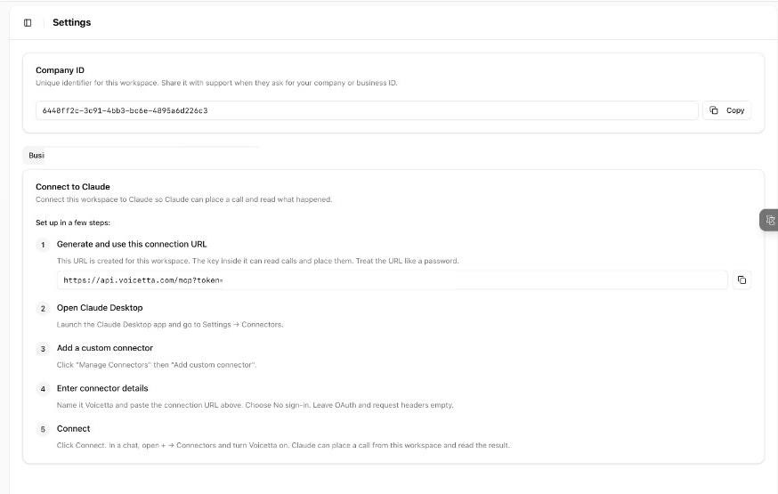 Settings → Connect to Claude. Copy the connection URL.