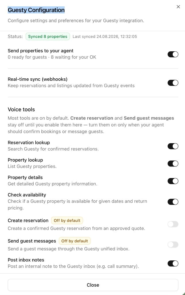 Guesty Configuration in Voicetta, with Voice tools including Create reservation and Send guest messages off by default.
