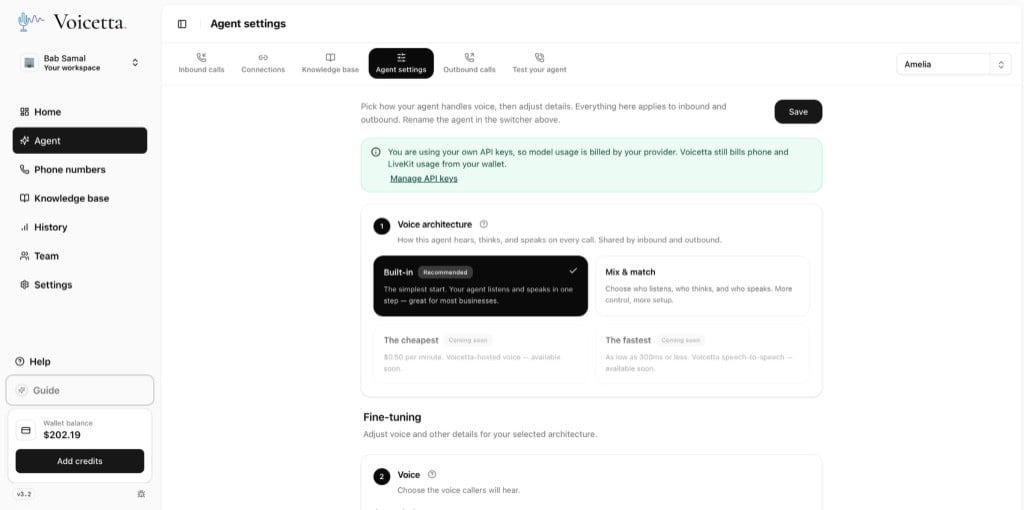 Voicetta agent settings screen with voice architecture and tuning controls.