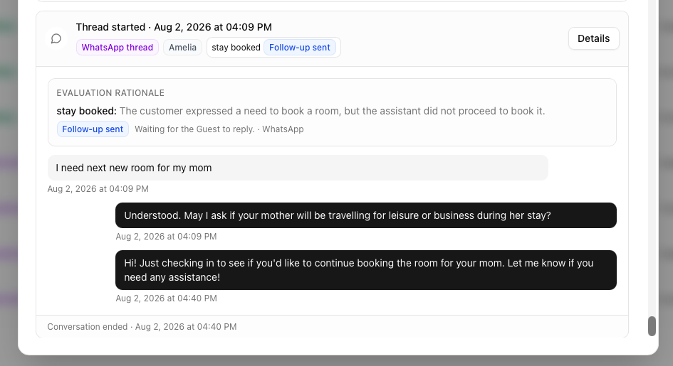 Failed evaluation waiting for the Guest after a follow-up.
