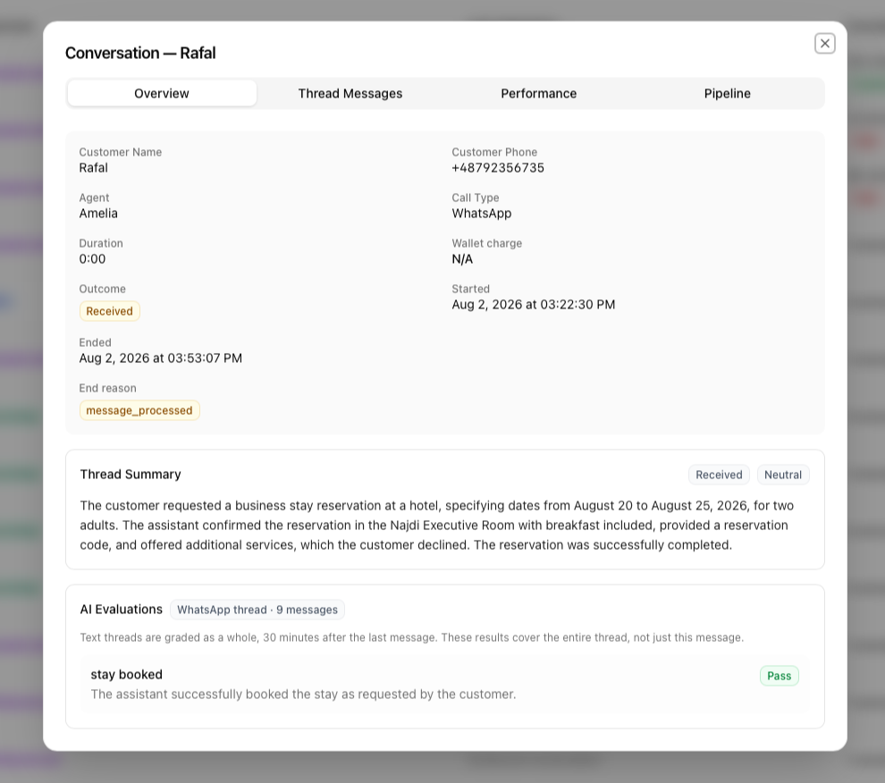 Conversation details with a result, thread summary, and explanation.