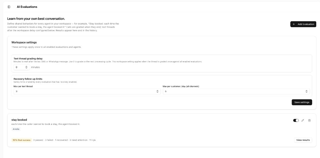 AI Evaluations settings with grading delay, recovery limits, and disconnect follow-up.