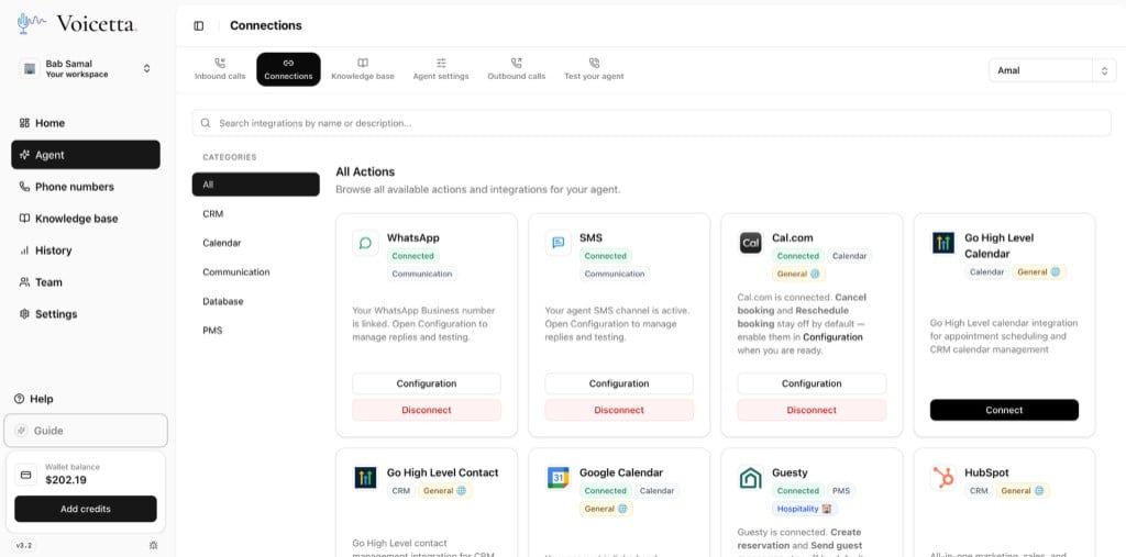 Voicetta connections screen with WhatsApp, SMS, Cal.com, Guesty, and CRM integrations.