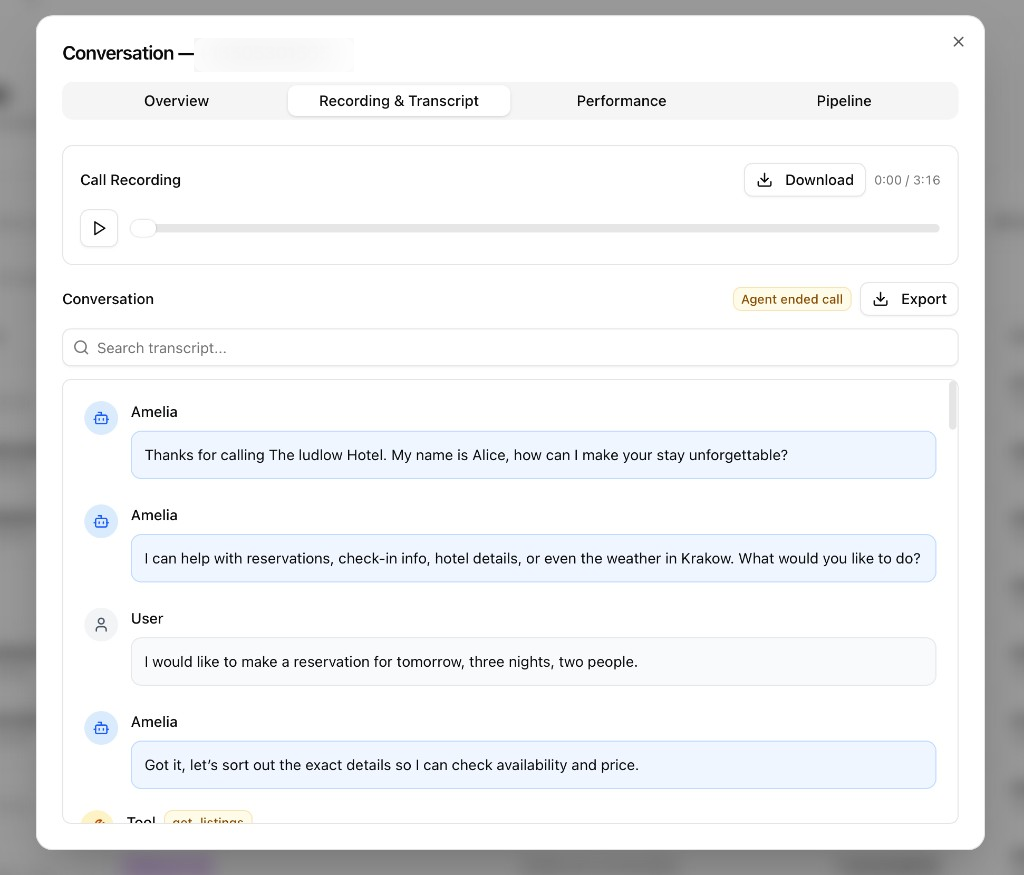 Voicetta conversation detail view with recording, transcript, performance, and pipeline tabs.
