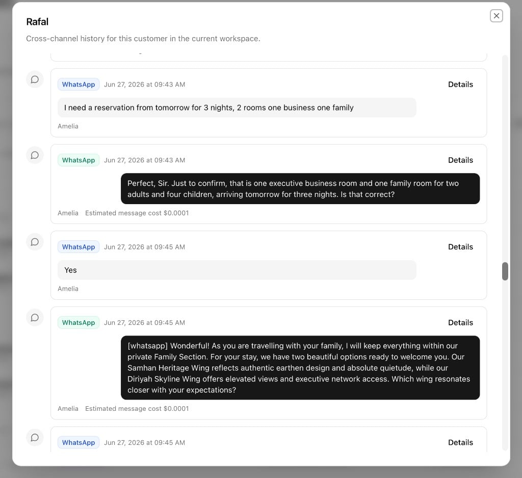 Voicetta WhatsApp conversation detail view.