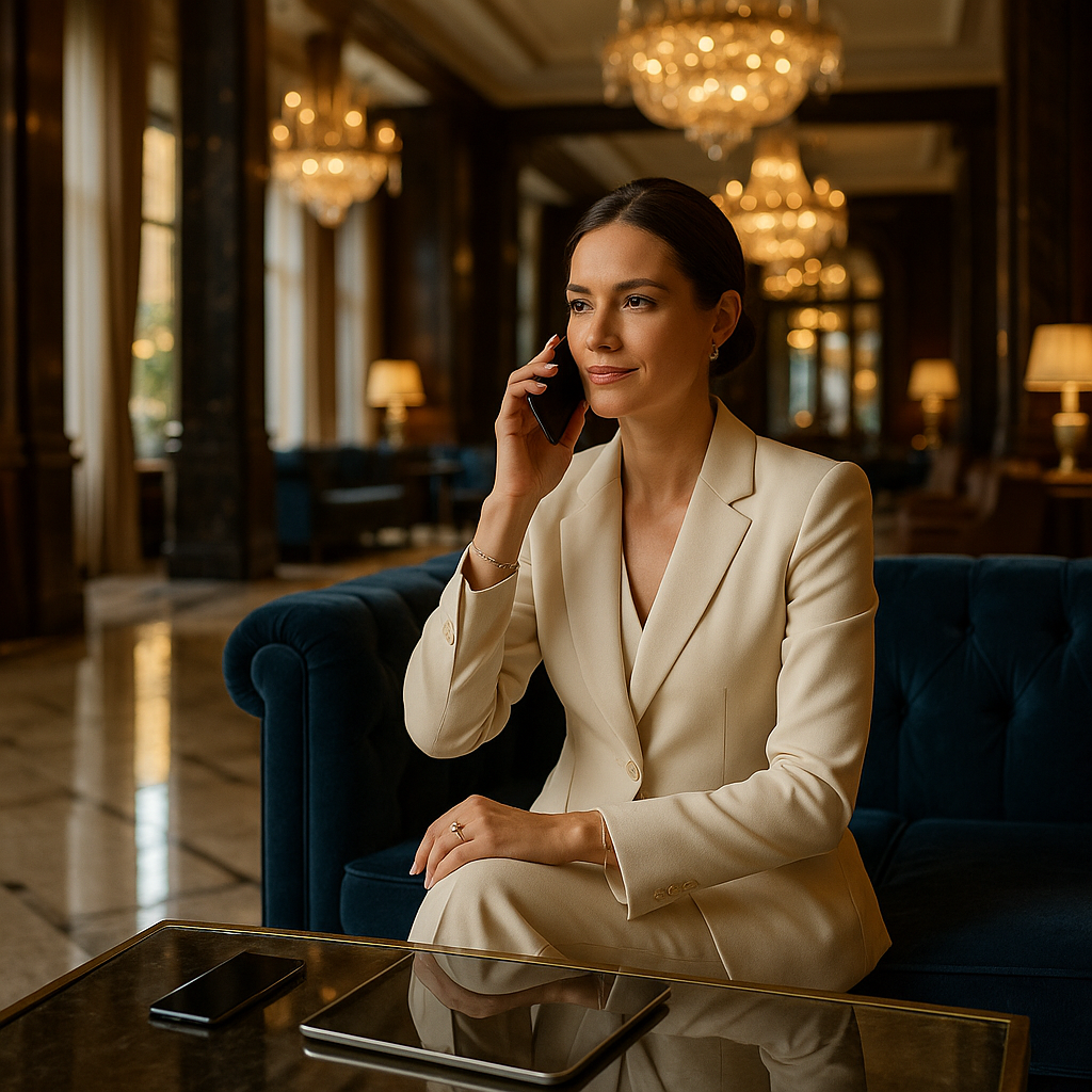 Hotel manager demonstrating Voicetta AI concierge system to a guest services director in a luxurious hotel lobby with elegant chandeliers